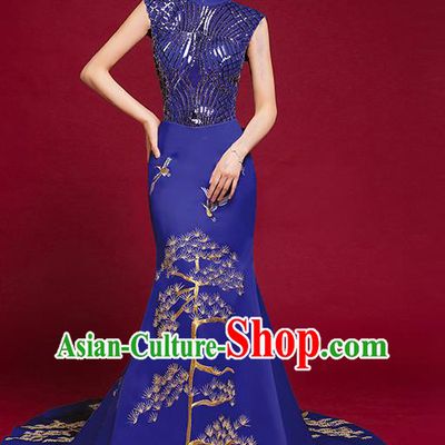 China Compere Royalblue Qipao Dress Stage Show Embroidered Sequins Cheongsam Clothing Catwalks Trailing Full Dress Garment