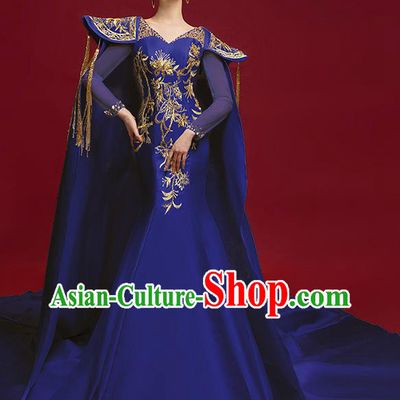 China Catwalks Clothing Compere Embroidered Royalblue Dress Garment Stage Show Trailing Cape Full Dress