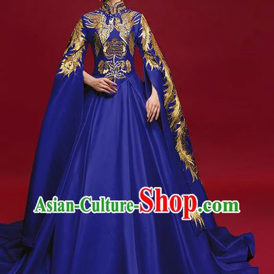 China Compere Embroidered Phoenix Royalblue Dress Garment Stage Show Trailing Full Dress Catwalks Water Sleeve Clothing