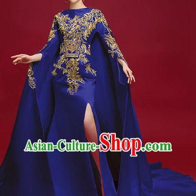 China Catwalks Wide Sleeve Clothing Compere Embroidered Royalblue Dress Garment Stage Show Trailing Full Dress