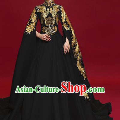 China Stage Show Water Sleeve Full Dress Catwalks Fashion Clothing Compere Embroidered Phoenix Black Dress Garment