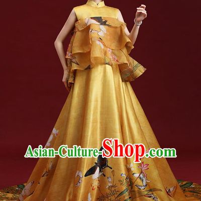 China Compere Printing Yellow Trailing Dress Garment Stage Show Full Dress Catwalks Fashion Cheongsam Clothing