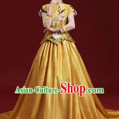 China Printing Cheongsam Clothing Compere Yellow Trailing Dress Garment Stage Show Full Dress Catwalks Fashion