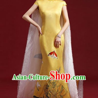 China Catwalks Fashion Long Cape Trailing Cheongsam Clothing Compere Dress Garment Stage Show Full Dress