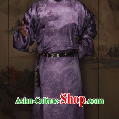 China Tang Dynasty Swordsman Historical Garment Costume Ancient Elderly Man Purple Hanfu Robe and Hat