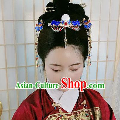 Chinese Ancient Noble Woman Blueing Hairpin Traditional Ming Dynasty Tassel Hair Crown Complete Set