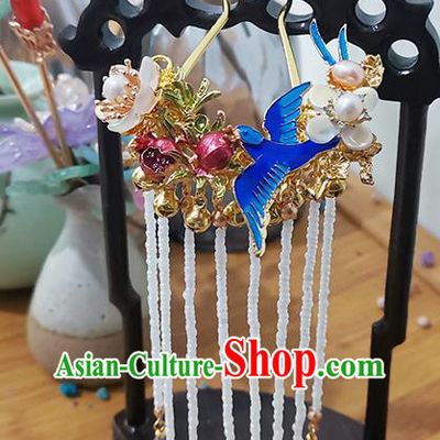 Chinese Ancient Young Lady Blueing Hairpin Traditional Ming Dynasty Beads Tassel Hair Stick