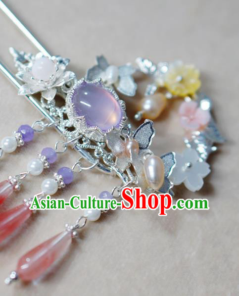 Chinese Ancient Young Lady Argent Hairpin Traditional Ming Dynasty Rose Quartz Hair Stick Chinese Ancient Young Lady Argent Hairpin Traditional Ming Dynasty Rose Quartz Hair Stick