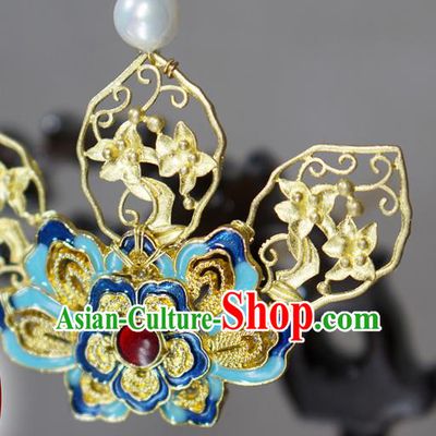 Chinese Ancient Royal Queen Golden Hairpin Traditional Ming Dynasty Blueing Peony Hair Crown