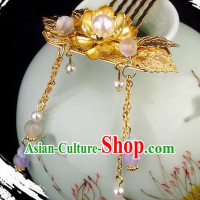 Chinese Ancient Young Lady Tassel Hairpin Hair Accessories Traditional Jin Dynasty Golden Lotus Hair Comb