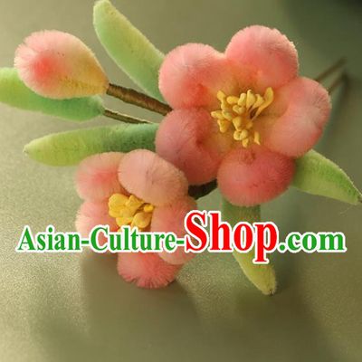 China Ancient Palace Lady Hair Stick Traditional Ming Dynasty Pink Velvet Peach Blossom Hairpin Hair Accessories