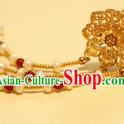 China Ancient Court Woman Golden Peony Hairpin Traditional Hanfu Hair Accessories Tang Dynasty Pearls Tassel Hair Stick