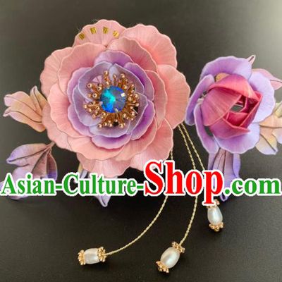 China Ancient Imperial Concubine Hairpin Traditional Hanfu Hair Accessories Ming Dynasty Pink Silk Peony Hair Comb