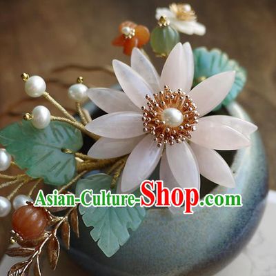 Chinese Ancient Empress Rose Quartz Chrysanthemum Hairpin Hair Accessories Traditional Qing Dynasty Imperial Concubine Hair Comb