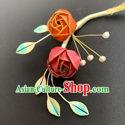 China Handmade Silk Rose Hairpin Traditional Hanfu Hair Accessories Ancient Song Dynasty Young Lady Hair Stick
