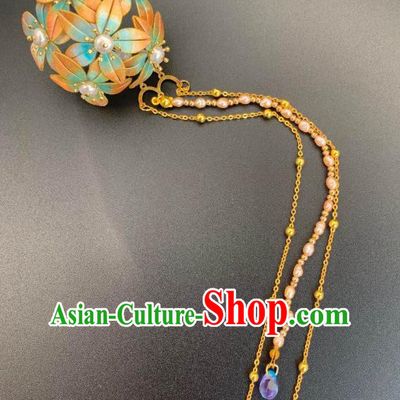 China Handmade Silk Hydrangea Hairpin Traditional Hanfu Hair Accessories Ancient Tang Dynasty Princess Pearls Tassel Hair Stick