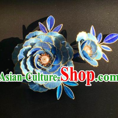 China Traditional Hanfu Hair Accessories Ancient Tang Dynasty Court Beauty Hair Comb Handmade Blue Silk Peony Hairpin