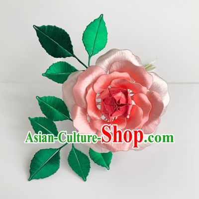 China Handmade Pink Silk Rose Hairpin Traditional Hanfu Hair Accessories Ancient Tang Dynasty Princess Hair Stick