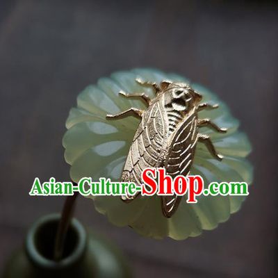 Chinese Ancient Princess Golden Cicada Hairpin Hair Accessories Traditional Song Dynasty Jade Flower Hair Stick
