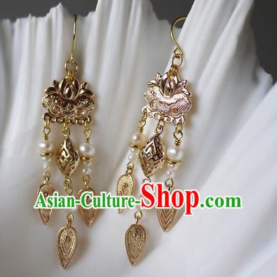 Chinese Ancient Court Pearls Tassel Ear Accessories Traditional Qing Dynasty Empress Golden Earrings