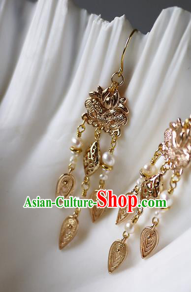 Chinese Ancient Court Pearls Tassel Ear Accessories Traditional Qing Dynasty Empress Golden Earrings Chinese Ancient Court Pearls Tassel Ear Accessories Traditional Qing Dynasty Empress Golden Earrings