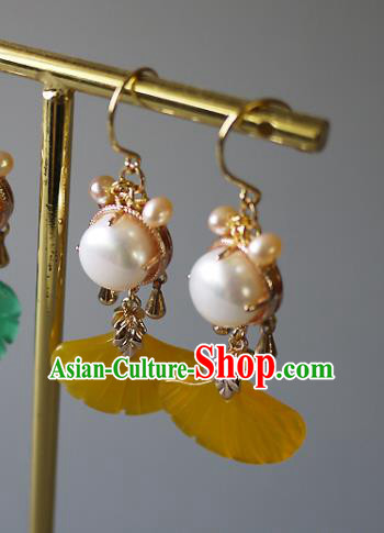 Chinese Ancient Princess Topaz Ginkgo Leaf Ear Accessories Traditional Qing Dynasty Pearls Earrings Chinese Ancient Princess Topaz Ginkgo Leaf Ear Accessories Traditional Qing Dynasty Pearls Earrings