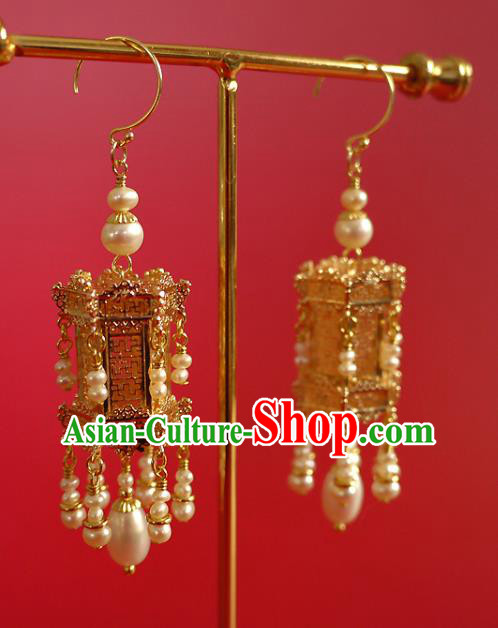 Chinese Ancient Empress Ear Accessories Traditional Ming Dynasty Golden Palace Lantern Earrings Chinese Ancient Empress Ear Accessories Traditional Ming Dynasty Golden Palace Lantern Earrings