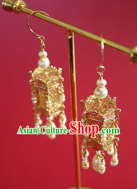 Chinese Ancient Empress Ear Accessories Traditional Ming Dynasty Golden Palace Lantern Earrings Chinese Ancient Empress Ear Accessories Traditional Ming Dynasty Golden Palace Lantern Earrings