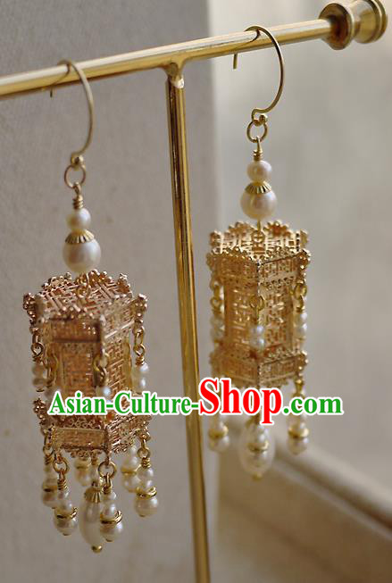 Chinese Ancient Empress Ear Accessories Traditional Ming Dynasty Golden Palace Lantern Earrings Chinese Ancient Empress Ear Accessories Traditional Ming Dynasty Golden Palace Lantern Earrings