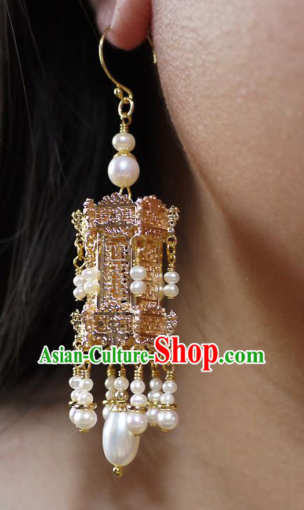 Chinese Ancient Empress Ear Accessories Traditional Ming Dynasty Golden Palace Lantern Earrings Chinese Ancient Empress Ear Accessories Traditional Ming Dynasty Golden Palace Lantern Earrings