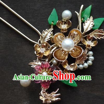 Chinese Ancient Queen Golden Plum Hairpin Hair Accessories Traditional Qing Dynasty Imperial Consort Garnet Hair Stick