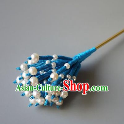 Chinese Ancient Imperial Consort Blue Hairpin Traditional Qing Dynasty Court Woman Pearls Hair Stick