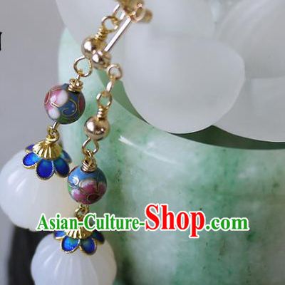 Chinese Ancient Qing Dynasty Empress White Jade Ear Accessories Traditional Cheongsam Enamel Earrings