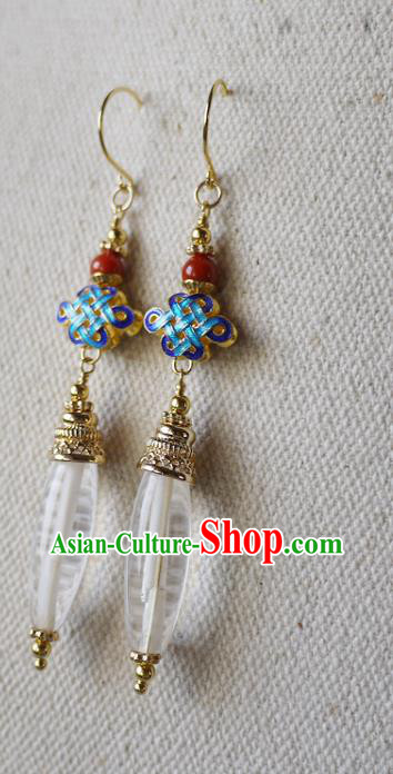 Chinese Ancient Court Woman Cloisonne Ear Accessories Traditional Cheongsam White Crystal Earrings Chinese Ancient Court Woman Cloisonne Ear Accessories Traditional Cheongsam White Crystal Earrings