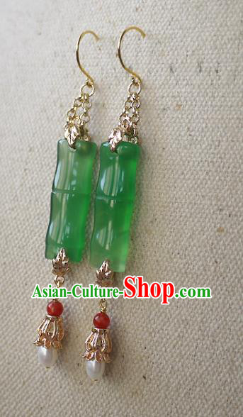 Chinese Ancient Palace Woman Ear Accessories Traditional Cheongsam Chrysoprase Bamboo Earrings Chinese Ancient Palace Woman Ear Accessories Traditional Cheongsam Chrysoprase Bamboo Earrings