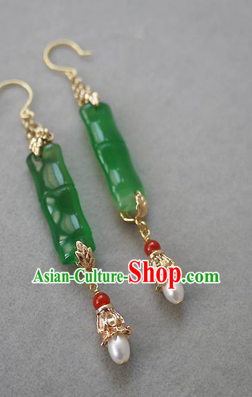 Chinese Ancient Palace Woman Ear Accessories Traditional Cheongsam Chrysoprase Bamboo Earrings Chinese Ancient Palace Woman Ear Accessories Traditional Cheongsam Chrysoprase Bamboo Earrings