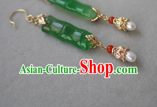 Chinese Ancient Palace Woman Ear Accessories Traditional Cheongsam Chrysoprase Bamboo Earrings Chinese Ancient Palace Woman Ear Accessories Traditional Cheongsam Chrysoprase Bamboo Earrings