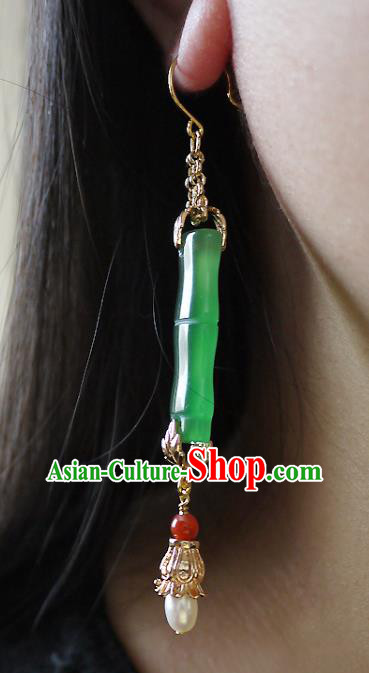 Chinese Ancient Palace Woman Ear Accessories Traditional Cheongsam Chrysoprase Bamboo Earrings Chinese Ancient Palace Woman Ear Accessories Traditional Cheongsam Chrysoprase Bamboo Earrings