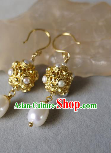Chinese Ancient Tang Dynasty Princess Ear Accessories Traditional Cheongsam Pearls Golden Earrings Chinese Ancient Tang Dynasty Princess Ear Accessories Traditional Cheongsam Pearls Golden Earrings