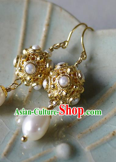 Chinese Ancient Tang Dynasty Princess Ear Accessories Traditional Cheongsam Pearls Golden Earrings Chinese Ancient Tang Dynasty Princess Ear Accessories Traditional Cheongsam Pearls Golden Earrings