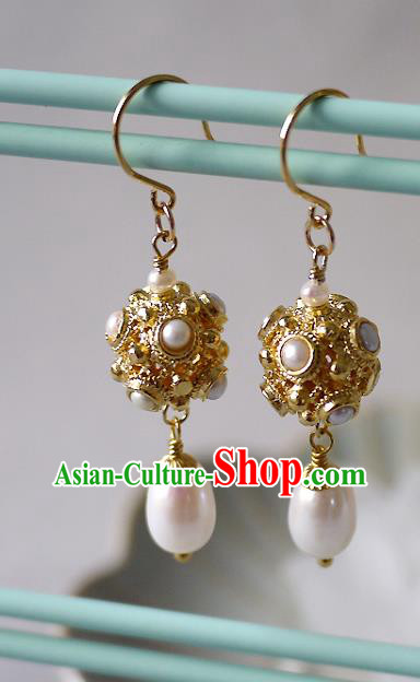 Chinese Ancient Tang Dynasty Princess Ear Accessories Traditional Cheongsam Pearls Golden Earrings Chinese Ancient Tang Dynasty Princess Ear Accessories Traditional Cheongsam Pearls Golden Earrings