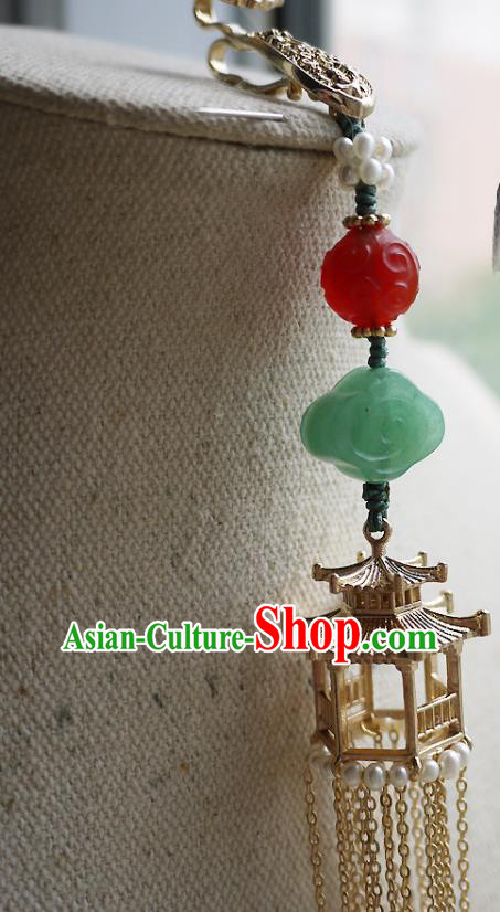 China Traditional Cheongsam Golden Pavilion Tassel Accessories Ancient Qing Dynasty Brooch Pendant China Traditional Cheongsam Golden Pavilion Tassel Accessories Ancient Qing Dynasty Brooch Pendant