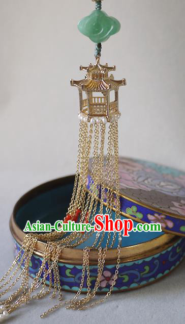 China Traditional Cheongsam Golden Pavilion Tassel Accessories Ancient Qing Dynasty Brooch Pendant China Traditional Cheongsam Golden Pavilion Tassel Accessories Ancient Qing Dynasty Brooch Pendant