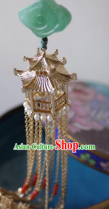 China Traditional Cheongsam Golden Pavilion Tassel Accessories Ancient Qing Dynasty Brooch Pendant China Traditional Cheongsam Golden Pavilion Tassel Accessories Ancient Qing Dynasty Brooch Pendant