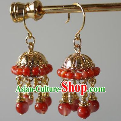 Chinese Ancient Qing Dynasty Imperial Consort Ear Accessories Traditional Cheongsam Agate Beads Tassel Earrings
