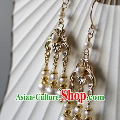 Chinese Ancient Empress Pearls Tassel Ear Accessories Traditional Qing Dynasty Court Golden Earrings