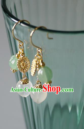 Chinese Ancient Court Lady Ear Accessories Traditional Qing Dynasty White Chalcedony Earrings Chinese Ancient Court Lady Ear Accessories Traditional Qing Dynasty White Chalcedony Earrings