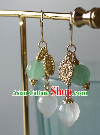 Chinese Ancient Court Lady Ear Accessories Traditional Qing Dynasty White Chalcedony Earrings Chinese Ancient Court Lady Ear Accessories Traditional Qing Dynasty White Chalcedony Earrings