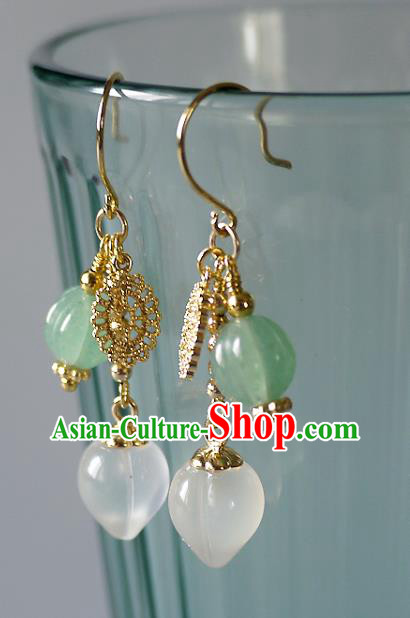 Chinese Ancient Court Lady Ear Accessories Traditional Qing Dynasty White Chalcedony Earrings Chinese Ancient Court Lady Ear Accessories Traditional Qing Dynasty White Chalcedony Earrings