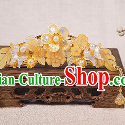Chinese Ancient Patrician Female Hairpin Traditional Ming Dynasty Young Lady Yellow Shell Plum Hair Crown Jewelry